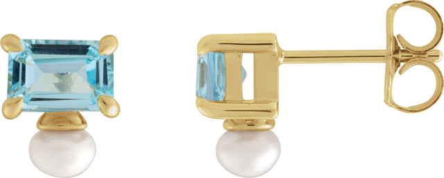 14K Gold Emerald Natural Sky Blue Topaz & Cultured White Freshwater Pearl Accented Pearl Earrings - Yellow Gold