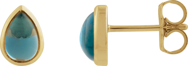 14K Gold Pear Natural London Blue Topaz Cabochon Earrings - Yellow Gold