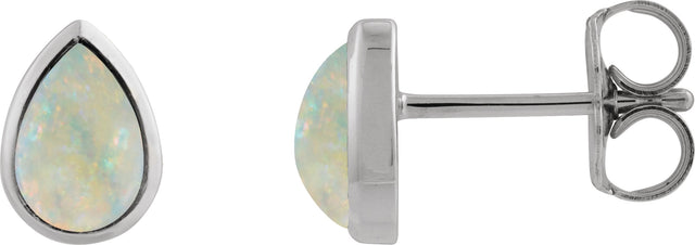 14K Gold Pear Lab-Grown White Opal Cabochon Earrings - White Gold