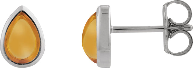 14K Gold Pear Natural Citrine Cabochon Earrings - White Gold