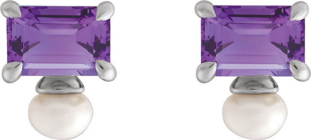 Platinum Emerald Natural Amethyst & Cultured White Freshwater Pearl Accented Pearl Earrings - view 2