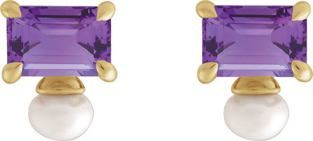 14K Gold Emerald Natural Amethyst & Cultured White Freshwater Pearl Accented Pearl Earrings - Yellow Gold - view 2