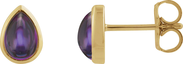 14K Gold Pear Natural Amethyst Cabochon Earrings - Yellow Gold