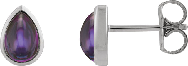 14K Gold Pear Natural Amethyst Cabochon Earrings - White Gold