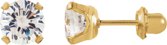 14K Gold Round White Cubic Zirconia Piercing Piercing Stud Earrings - Yellow Gold