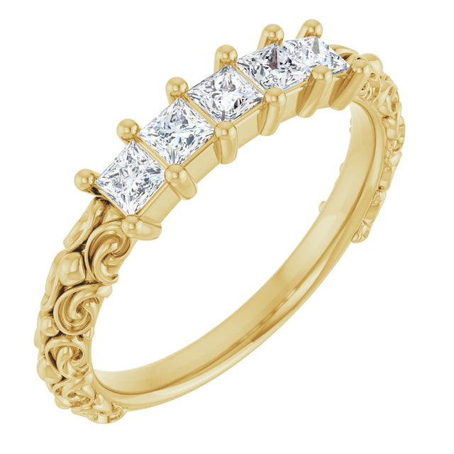 14K Gold Square Natural Diamond Five-Stone Sculptural Anniversary Band - 1/2 CTW - Yellow Gold