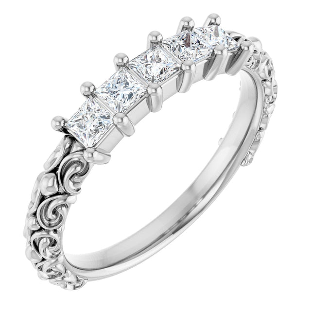 14K Gold Square Natural Diamond Five-Stone Sculptural Anniversary Band - 1/2 CTW - White Gold