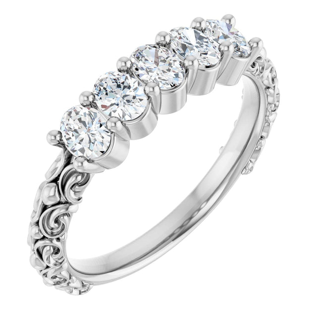 14K Gold Oval Natural Diamond Five-Stone Sculptural Anniversary Band - 3/4 CTW - White Gold