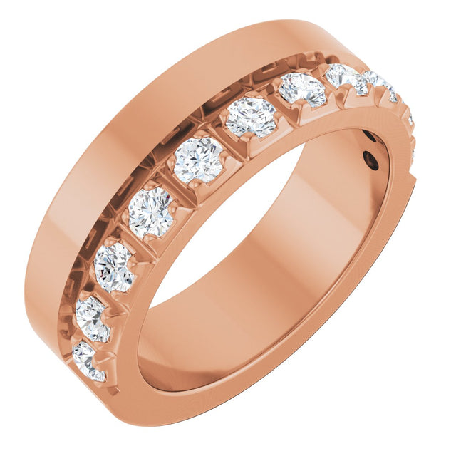 14K Gold Round Natural Diamond Single Sided Stepped-Edge Anniversary Band – 3 mm Stones - Rose Gold