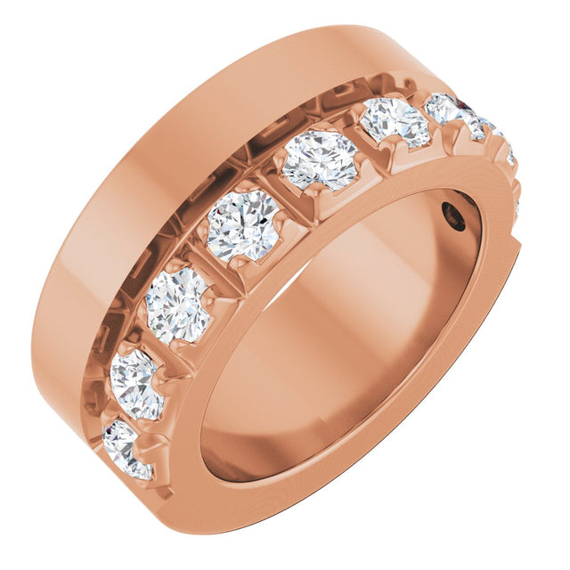 14K Gold Round Natural Diamond Single Sided Stepped-Edge Anniversary Band – 3 mm Stones - Rose Gold