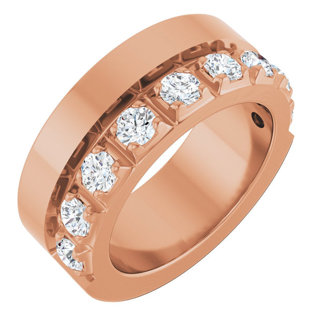 14K Gold Round Natural Diamond Single Sided Stepped-Edge Anniversary Band – 3 mm Stones - Rose Gold