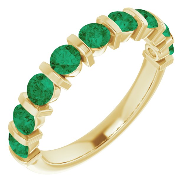 14K Gold Round Lab-Grown Green Emerald Bar Channel-Set Anniversary Band - Yellow Gold