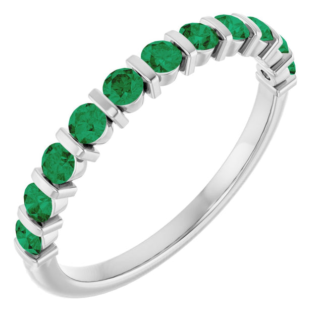 14K Gold Round Lab-Grown Green Emerald Bar Channel-Set Anniversary Band - White Gold