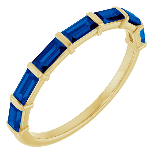 14K Gold Straight Baguette Lab-Grown Blue Sapphire Bar Channel-Set Anniversary Band - Yellow Gold