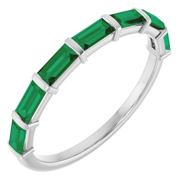 Platinum Straight Baguette Lab-Grown Green Emerald Bar Channel-Set Anniversary Band