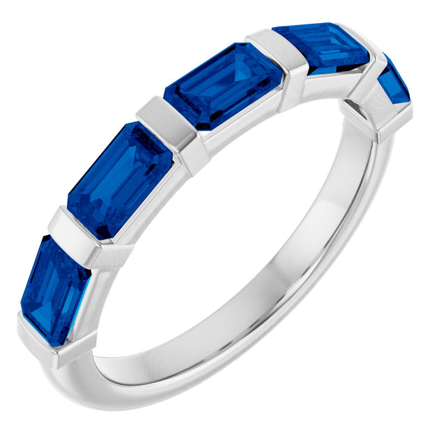 Platinum Emerald Natural Blue Sapphire Bar Channel-Set Anniversary Band