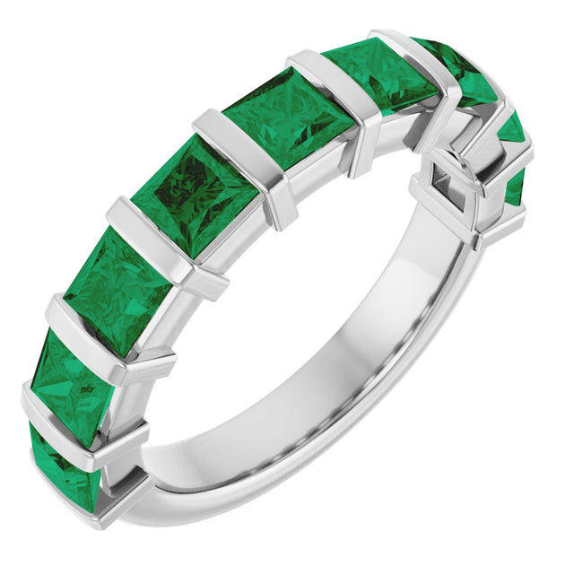 Platinum Square Lab-Grown Green Emerald Bar Channel-Set Anniversary Band