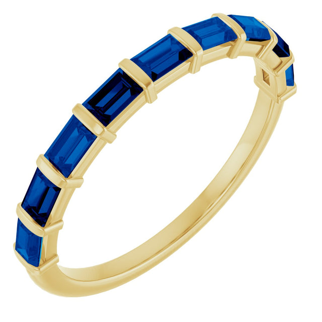 14K Gold Straight Baguette Lab-Grown Blue Sapphire Bar Channel-Set Anniversary Band - Yellow Gold