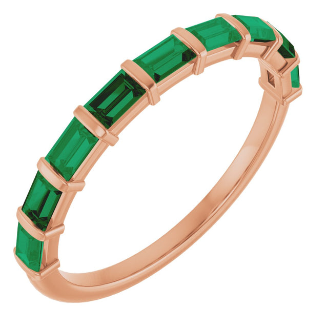 14K Gold Straight Baguette Lab-Grown Green Emerald Bar Channel-Set Anniversary Band - Rose Gold