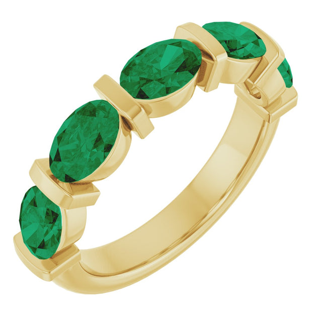 14K Gold Oval Lab-Grown Green Emerald Bar Channel-Set Anniversary Band - Yellow Gold
