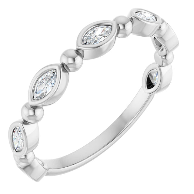 14K Gold Marquise Natural Diamond Beaded Bezel-Set Anniversary Band – 1/5–1/3 CTW - White Gold