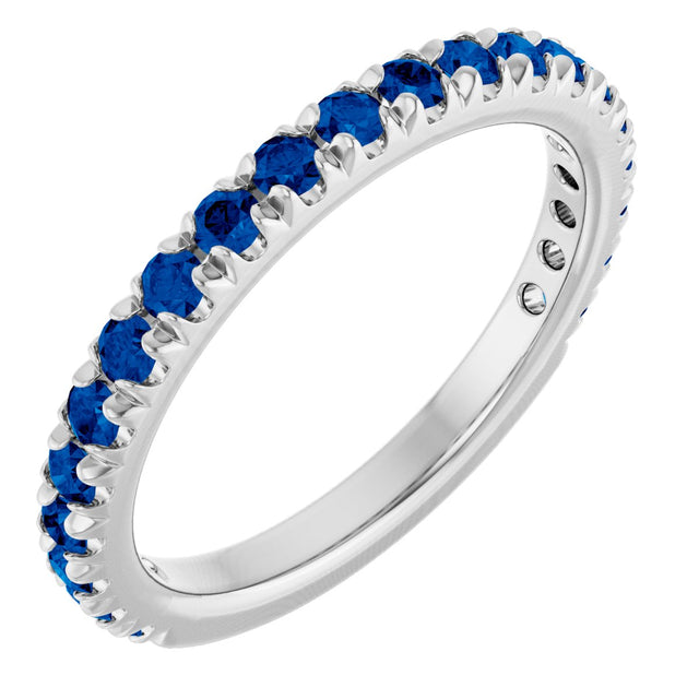 14K Gold Round Natural Blue Sapphire French-Set Anniversary Band - White Gold