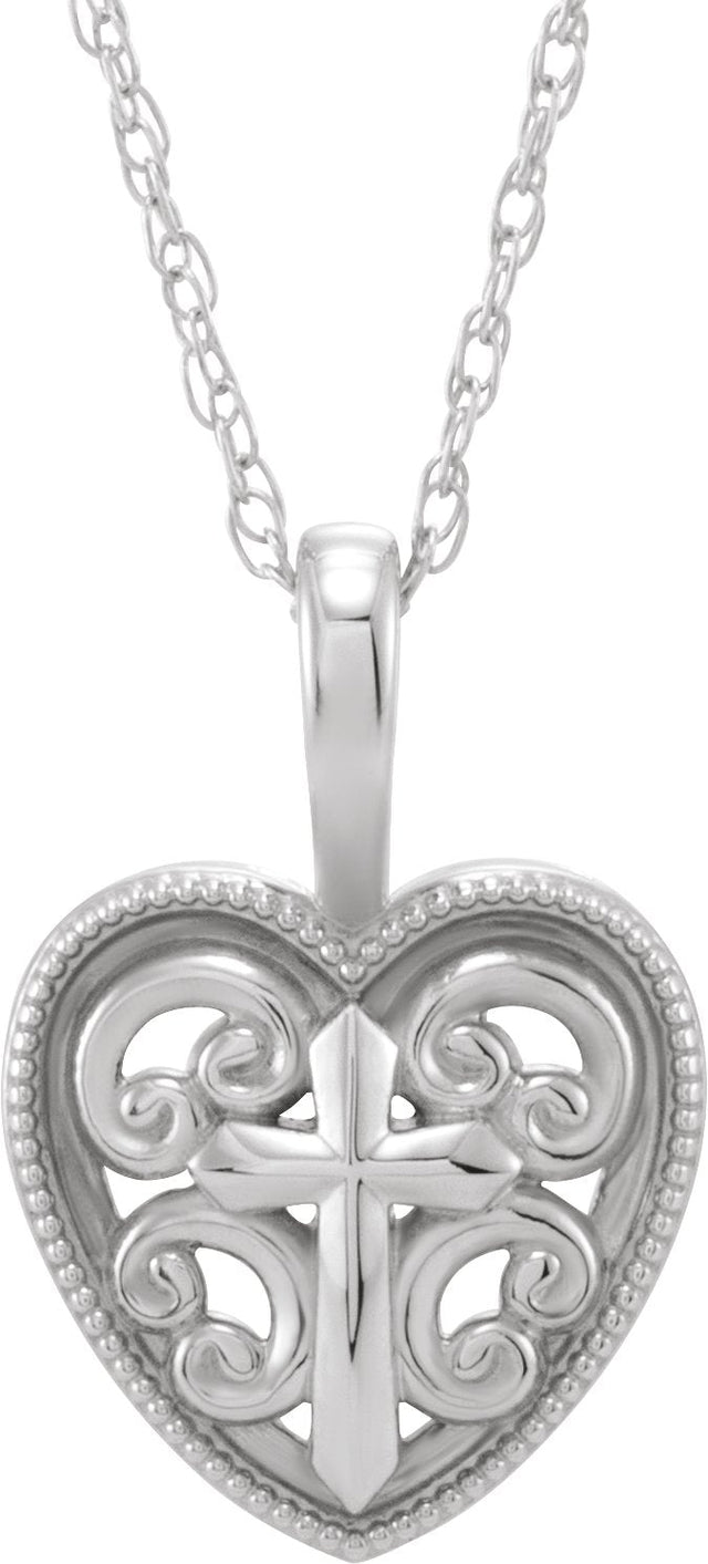 14K Gold Cross and Heart Necklace or Pendant - White Gold