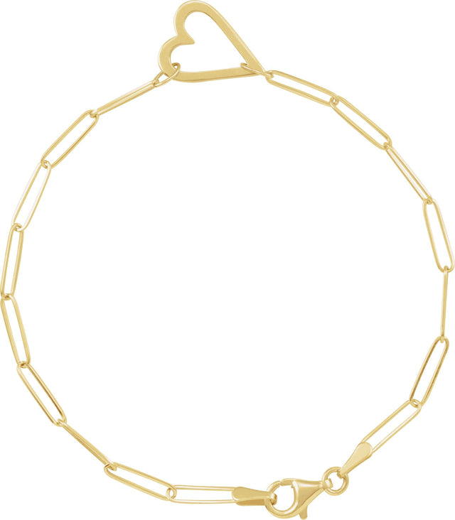 14K Gold Heart & Paperclip-Style Bracelet – 14x11mm - Yellow Gold