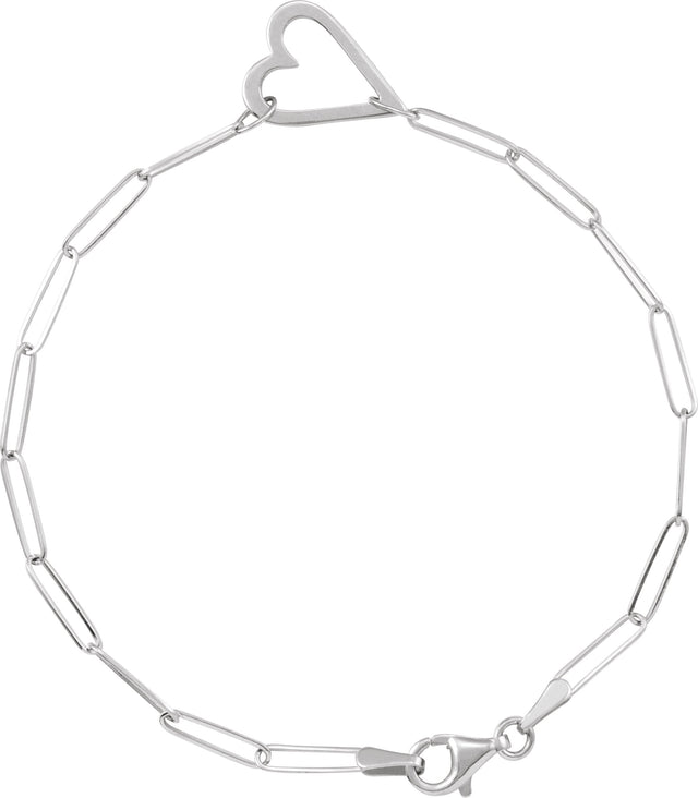 14K Gold Heart & Paperclip-Style Bracelet – 14x11mm - White Gold