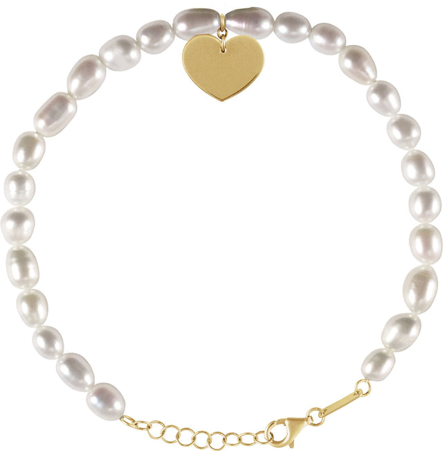14K Gold Cultured White Freshwater Pearl Heart & Pearl Bracelet