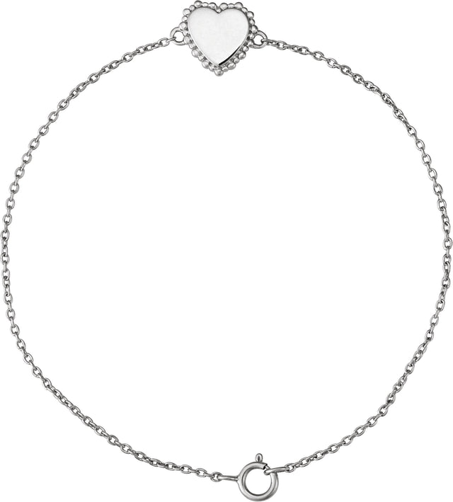 14K Gold Engravable Beaded Heart Bracelet - White Gold