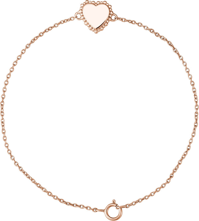 14K Gold Engravable Beaded Heart Bracelet - Rose Gold