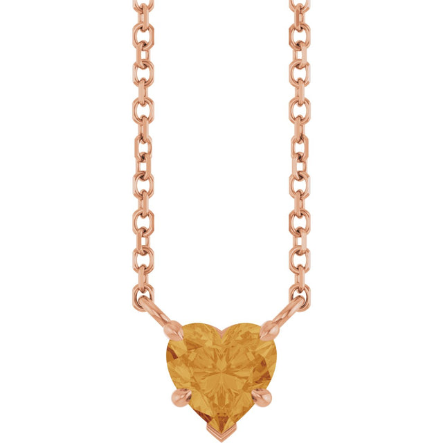 14K Gold Natural Citrine Heart Solitaire Necklace - Rose Gold