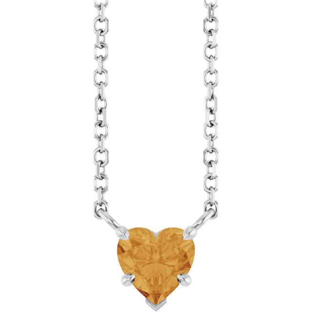 14K Gold Natural Citrine Heart Solitaire Necklace - White Gold