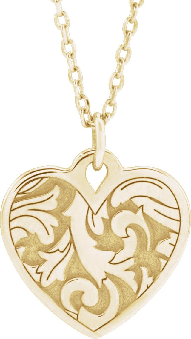 14K Gold Engravable Floral Heart Necklace or Pendant - Yellow Gold