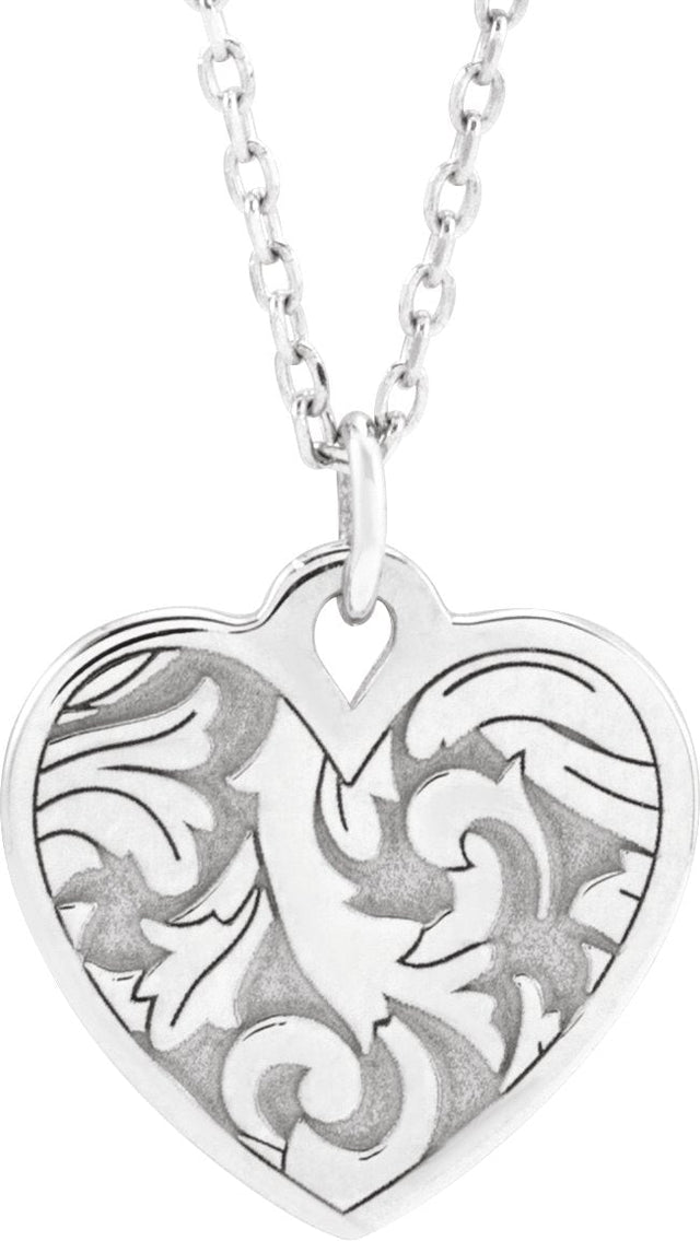 14K Gold Engravable Floral Heart Necklace or Pendant - White Gold