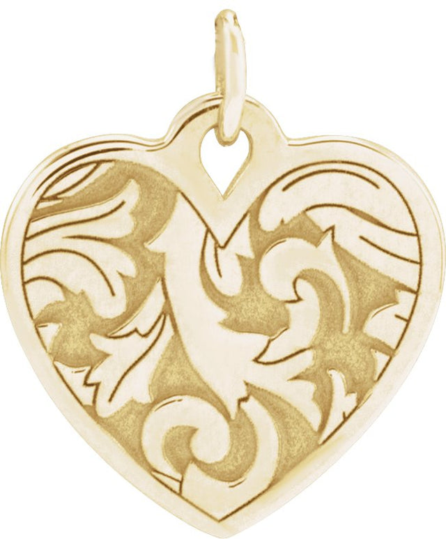 14K Gold Engravable Floral Heart Necklace or Pendant - Yellow Gold