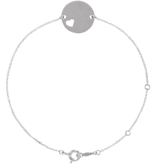 14K Gold Engravable Pierced Heart Disc Bracelet - White Gold