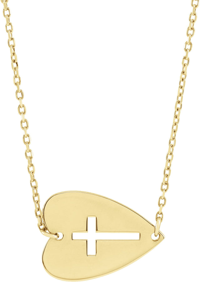 14K Gold Sideways Heart with Pierced Cross Necklace - Yellow Gold