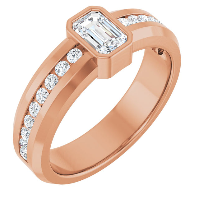 14K Gold Emerald Lab-Grown Diamond Accented Band - 6x4mm Stones - Rose Gold