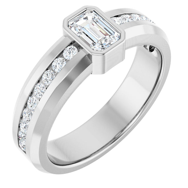 14K Gold Emerald Lab-Grown Diamond Accented Band - 6x4mm Stones - White Gold