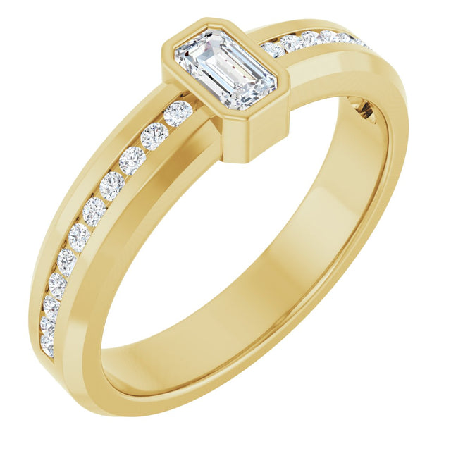 14K Gold Emerald Lab-Grown Diamond Accented Band - 5x3mm Stones - Yellow Gold