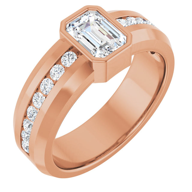 14K Gold Emerald Lab-Grown Diamond Accented Band - 7x5mm Stones - Rose Gold