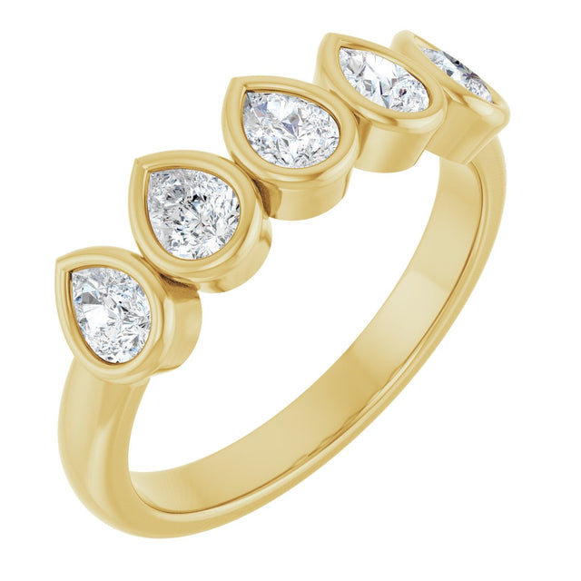 14K Gold Pear Natural Diamond Bezel-Set Five-Stone Anniversary Band - 3/8-1 CTW - Yellow Gold