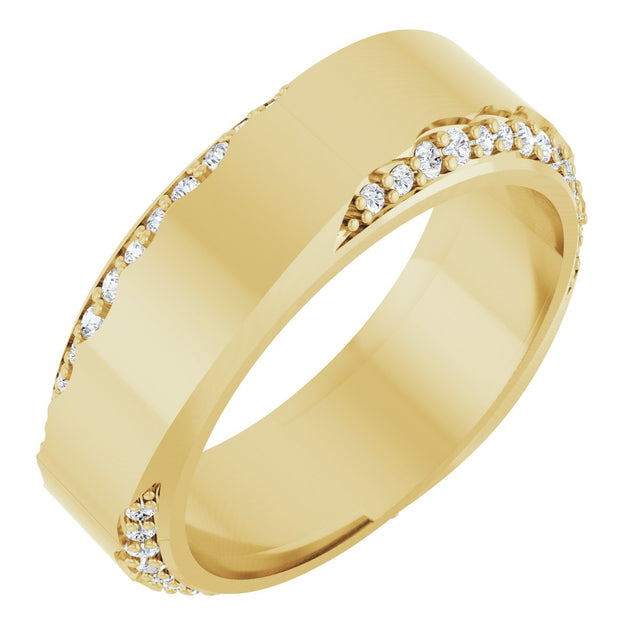 14K Gold Round Natural Diamond Scalloped Beveled-Edge Accented Band - 1.1mm Stones - Yellow Gold