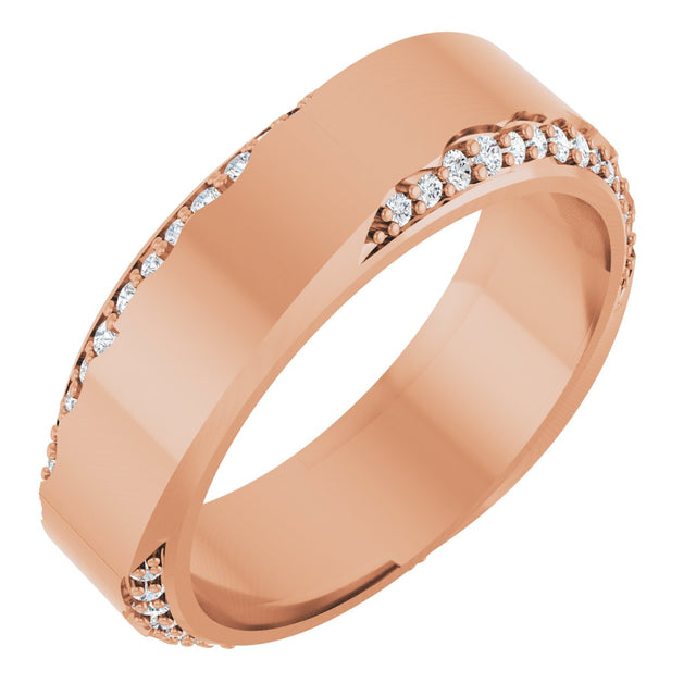 14K Gold Round Natural Diamond Scalloped Beveled-Edge Accented Band - 1.1mm Stones - Rose Gold