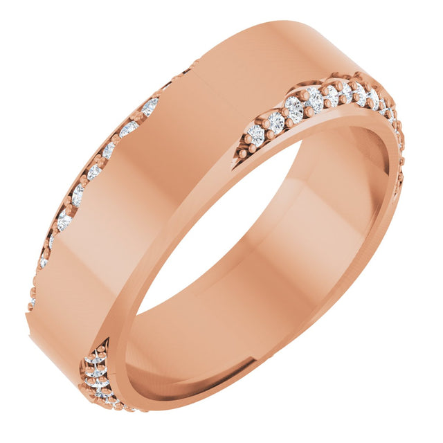 14K Gold Round Lab-Grown Diamond Scalloped Beveled-Edge Accented Band - 1.1mm Stones - Rose Gold