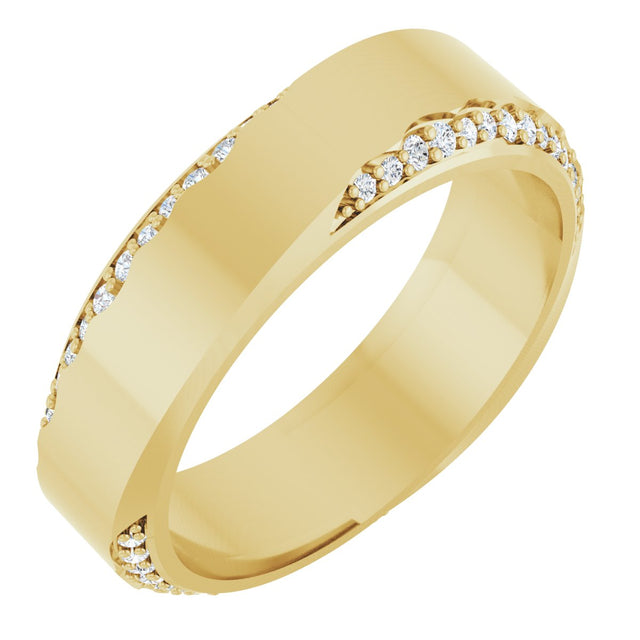 14K Gold Round Natural Diamond Scalloped Beveled-Edge Accented Band - 1.1mm Stones - Yellow Gold