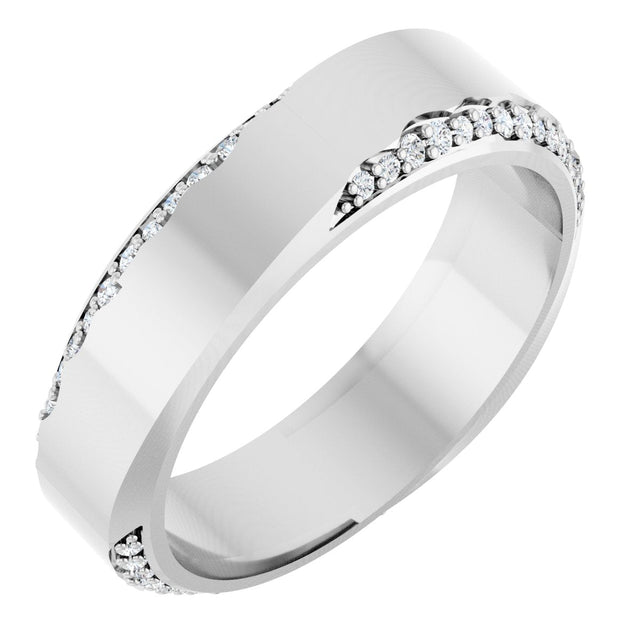 14K Gold Round Natural Diamond Scalloped Beveled-Edge Accented Band - 1.1mm Stones - White Gold