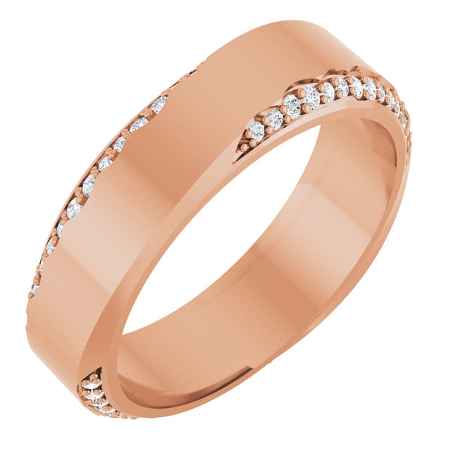 14K Gold Round Natural Diamond Scalloped Beveled-Edge Accented Band - 1.1mm Stones - Rose Gold